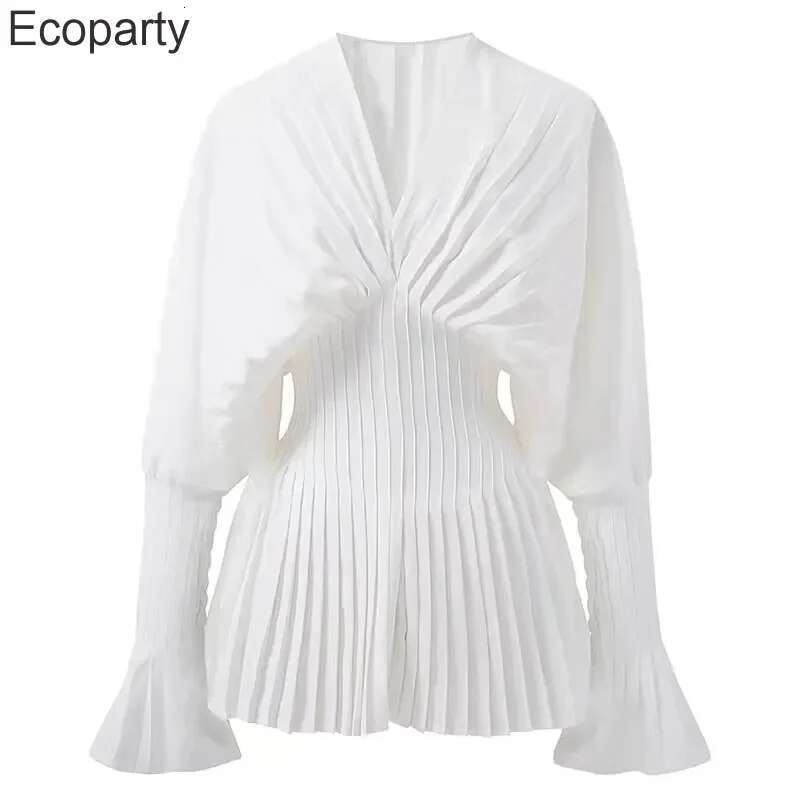 Women Loose White V-Neck Pleated Shirts Elegant Casual Chiffon Shirt Ladies Lantern Full Sleeve Tops Blouses 2024