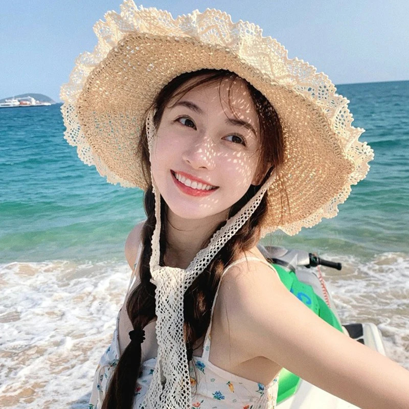 Lace Bow Women Straw Hat Wide Brim Hollow Out Grass Handwoven Visors Bucket Cap Korean Girl Beach Tour Foldable Sunshade Hats 250516