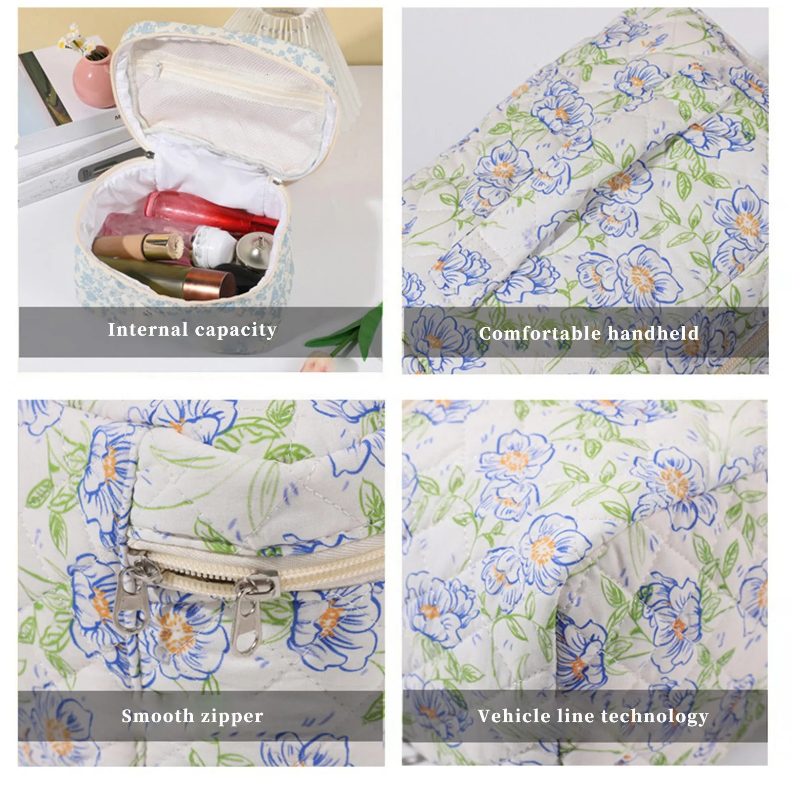 Womens Large Capacity Travel Cosmetic Bag Floral Cotton Toiletries Protable Bag Daily Storage Hand-held Bag 250514
