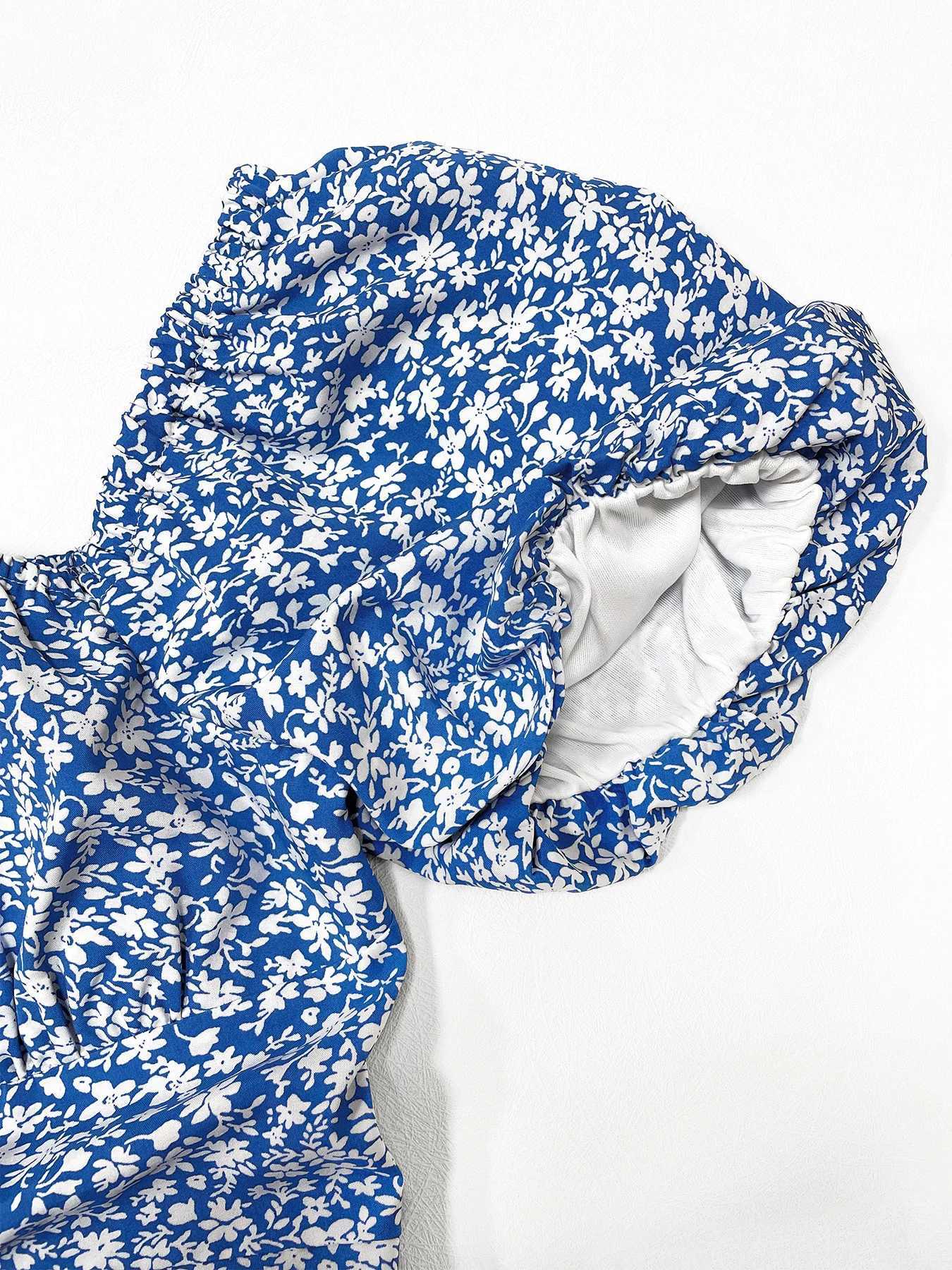 Womens Boho Curvy Holiday Outfits Frenchy Style Ditsy Floral Print Ruched Split Thigh Milkmaid Puff Sleeve Square Neck DressT250517