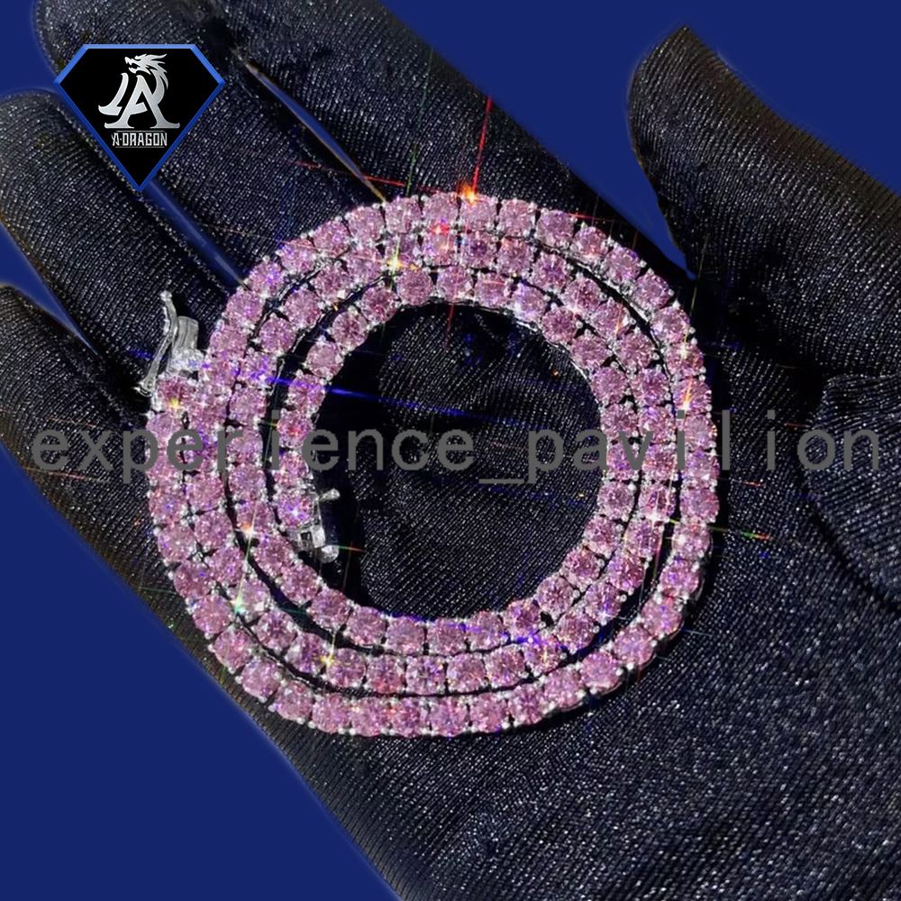 Hot Selling 2mm Sterling Silver Pink Moissanite Tennis Chain Set Includes Necklace and Bracelet for Hip Hop Fans