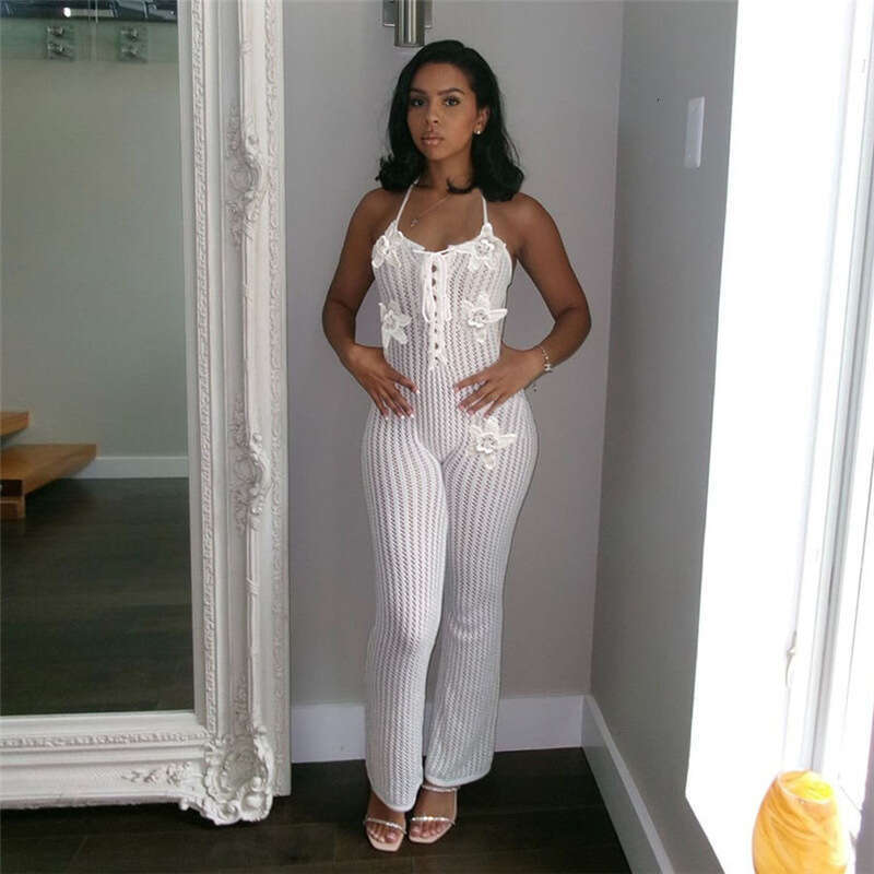 Wide Leg Jumpsuit Wind Spring New Creative Street Trendy Knitted Hollow Sexy Bareback Jumpsuit For Women
