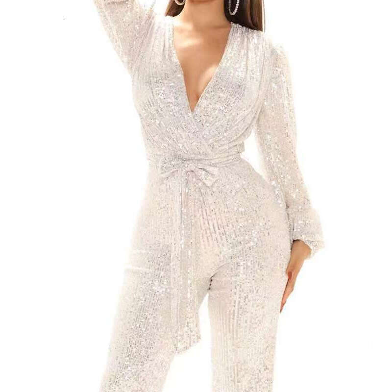 Wide Leg Jumpsuit Women S Autumn And Winter Fashion Temperament Sequin Jumpsuit Sexy V Neck Wide Leg Pants