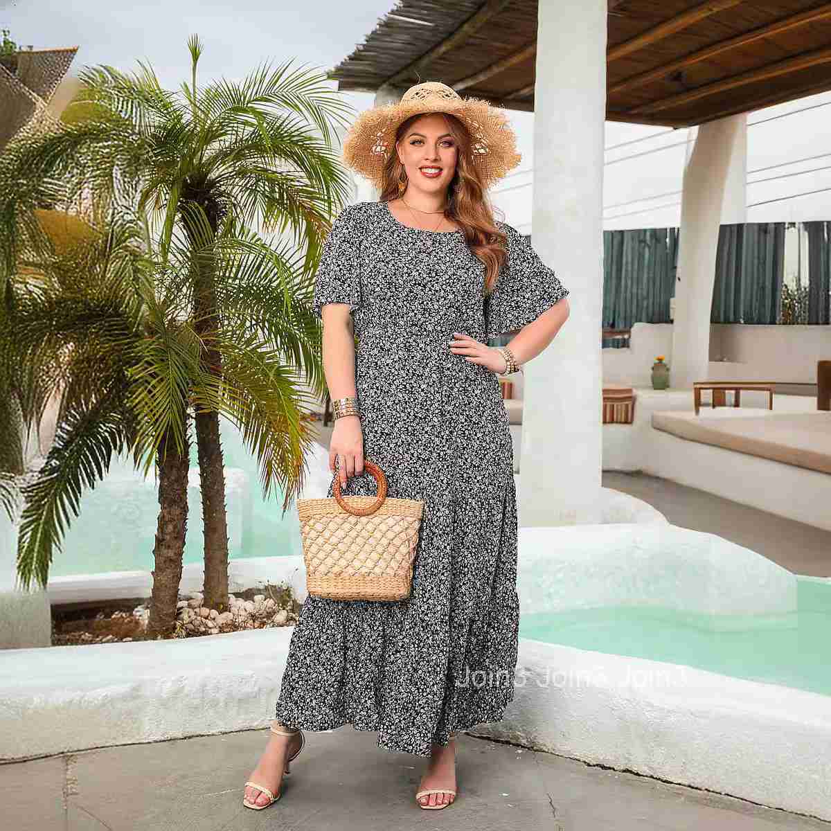 New Fragmented Flower Leisure Holiday Dress Round Neck Short Sleeve Large Swing Mid Length Dress Large Size Womens Wear