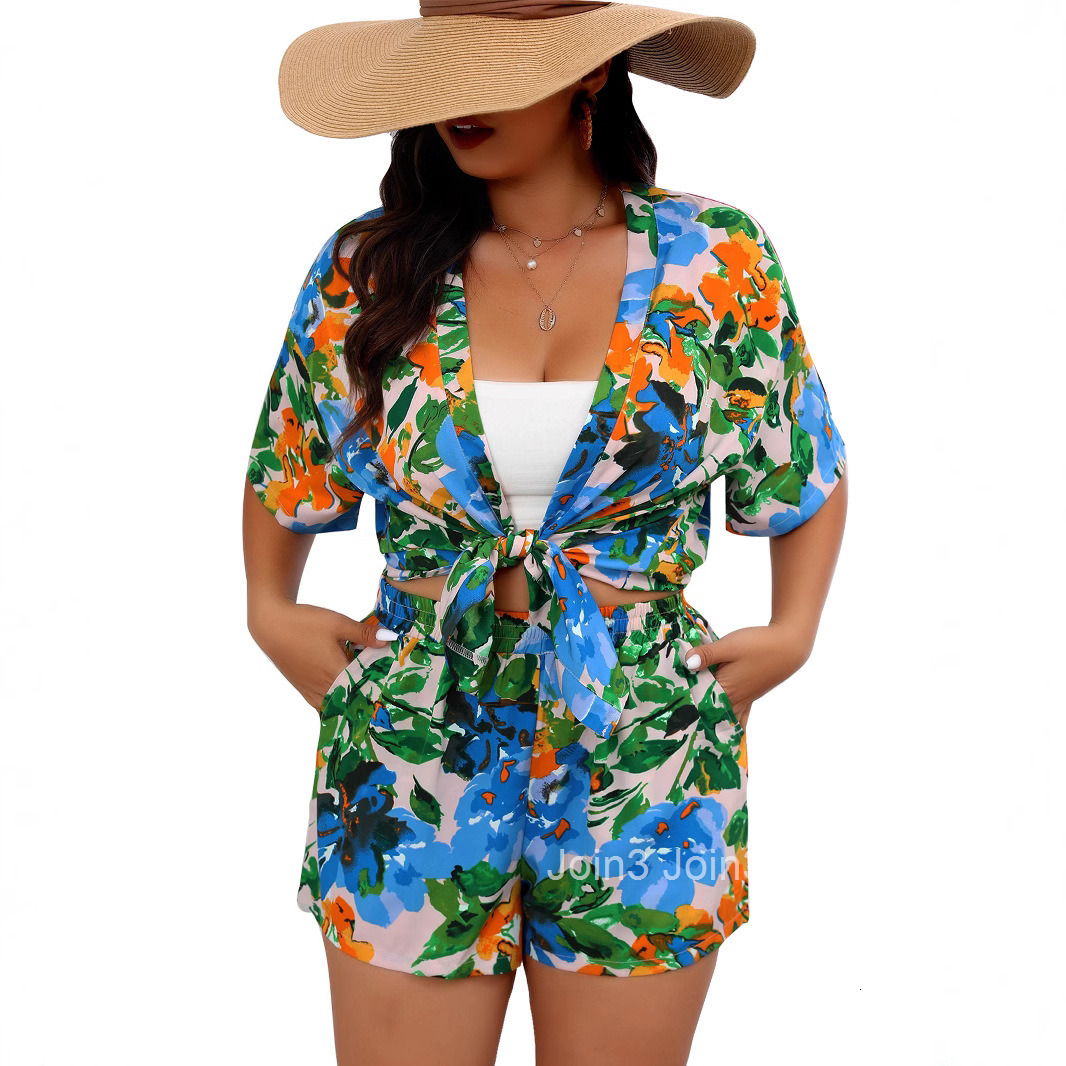 Oversized Womens Vacation Print Elegant Two-piece Shirt and Shorts Set