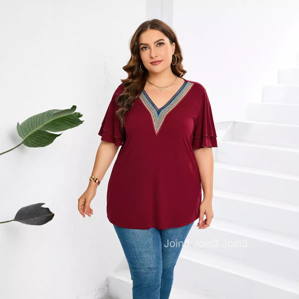 Spring/summer New Lace V-neck Solid T-shirt Top