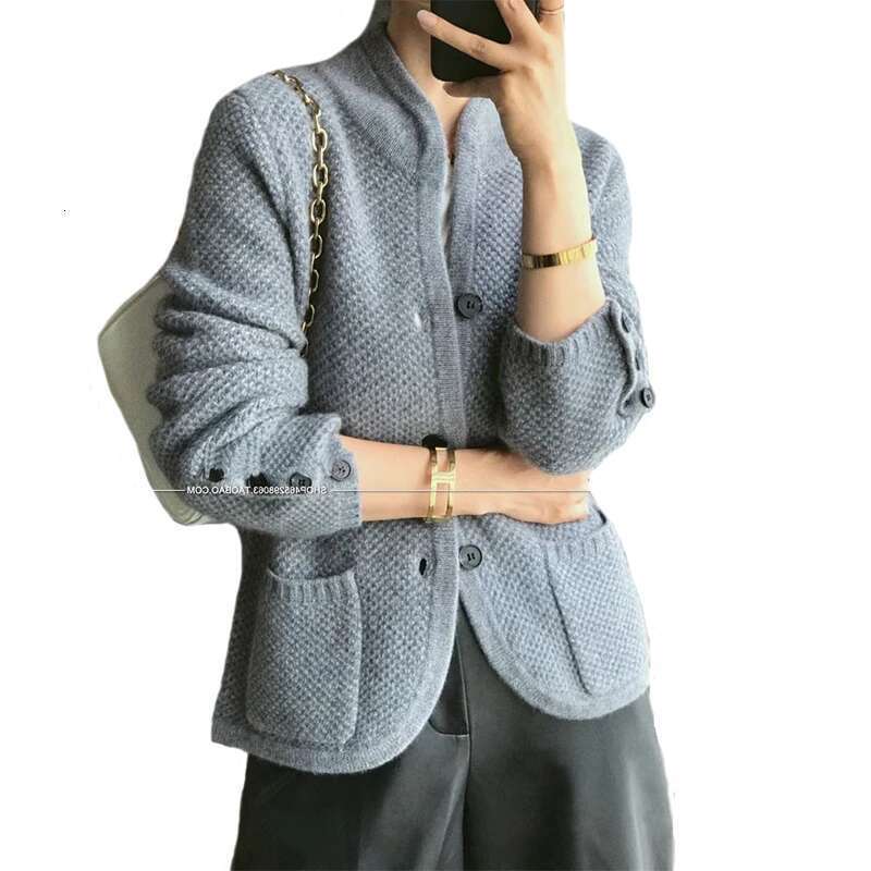 Autumn winter new thickened 100% pure cashmere cardigan women stand neck loose knit base sweater jacket