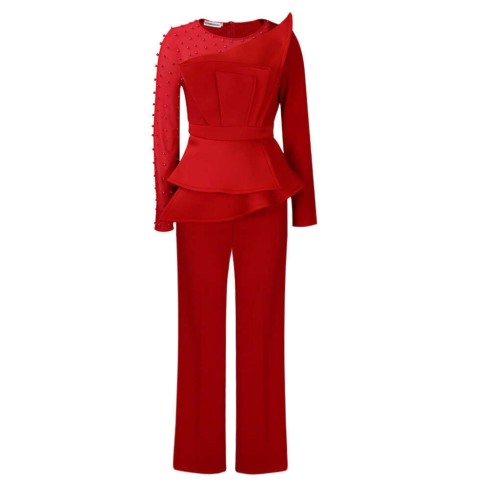 Wide Leg Jumpsuit Women S New Fashion Patchwork Mesh Studded Waist Slimming Oversized Jumpsuit