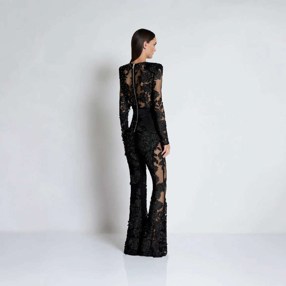 Wide Leg Jumpsuit New Temperament V Neck Jumpsuit With Lace Rhinestone Long Sleeves And A Sexy Evening Gown For Ladies