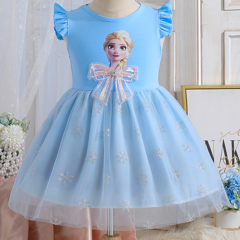 DISNEY kids designer clothes girl toddler designer clothes Frozen Elsa summer dress children's bow skirt cotton princess dress for children comfo