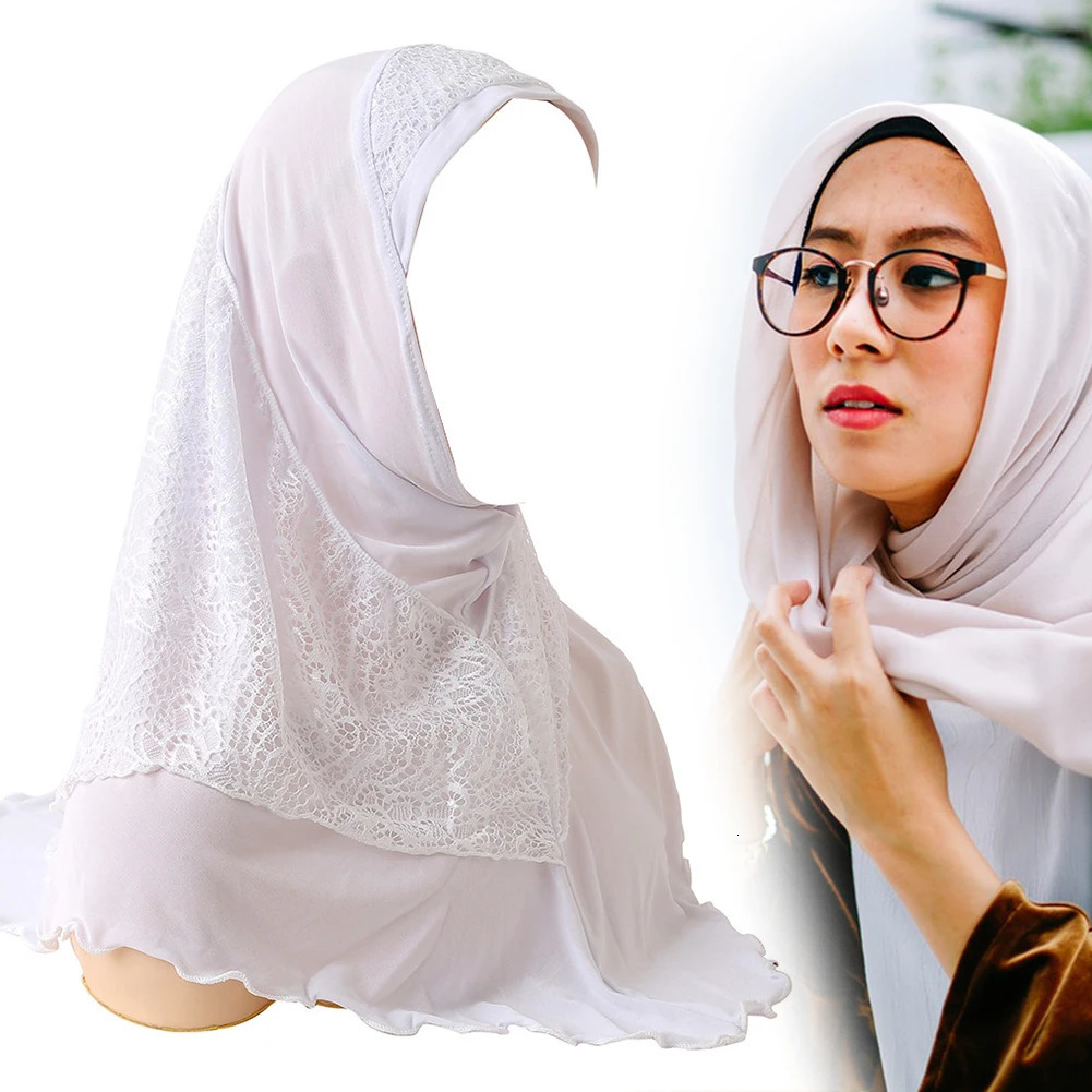 Simple Muslims Hijab Cap Lace Stitching Tulle Lightweight Scarf Shawl For Women Girls One Piece Head Wrap Comfy Headwear 250517