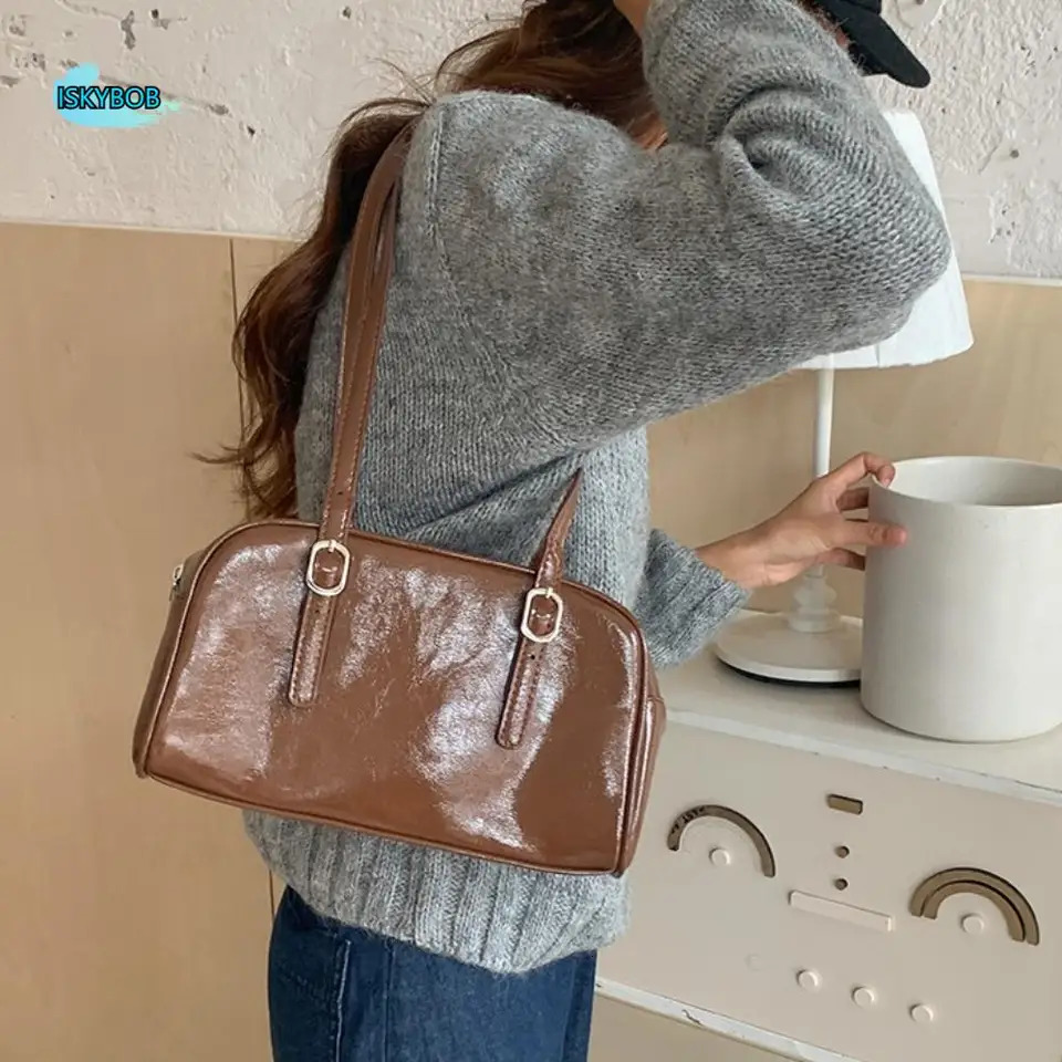 Trendy PU Leather Boston Bag Retro Casual Shoulder Bag Korean Style Tote Underarm Bag Lady 250515