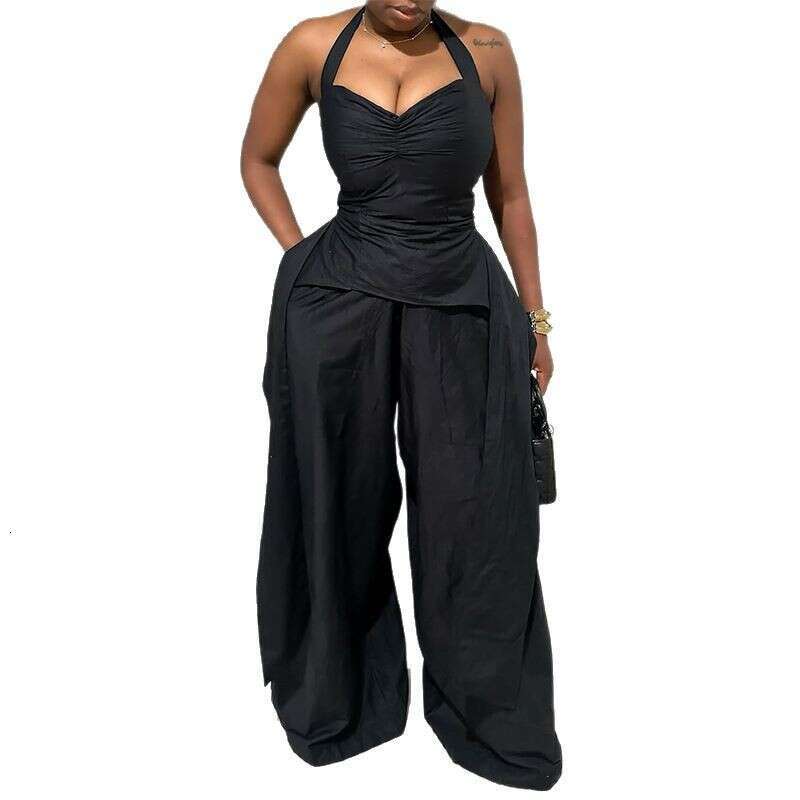 Wide Leg Jumpsuit Women S Summer Sexy Hanging Neck V Neck Irregular Sleeveless High Waisted Ribbon Jumpsuit Pants