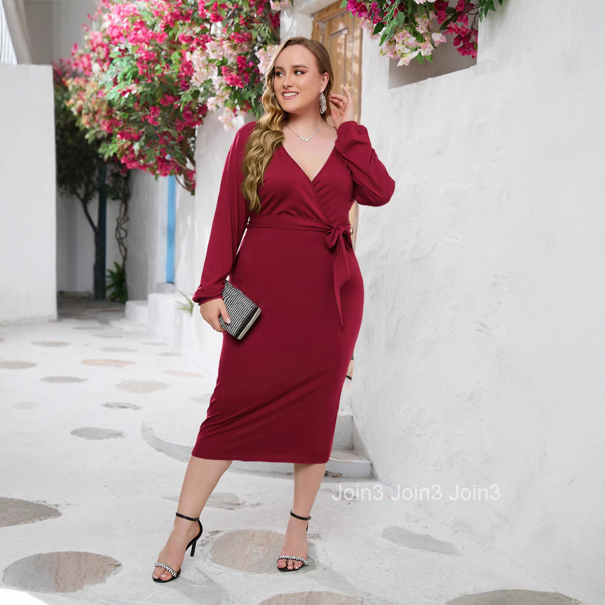 Oversized Long Dress V-neck Wrapped Hip Belt Dress