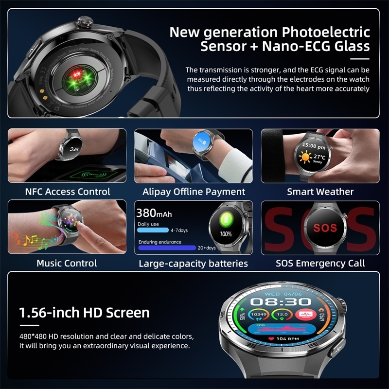 Grade Diagnosis Men Smart Watch ECG Blood Pressure Fat Uric Acid Temperature NFC Women health Therapy Smartwatch 250512