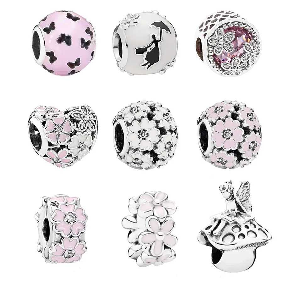 Hot Sale Openwork Pink Daisy Flower Butterfly Fairy Charm Bead Fit Original European 925 Sterling Silver Bracelet Jewelry GiftXJ250517