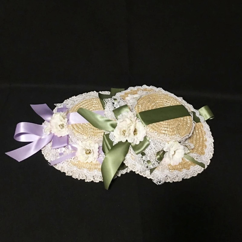Women Girls Lolita Elegant Tea Party Flat Hat Multilayer Lace Bonnet Artificial Flower Ribbon Bow Straw Beach Sun 250516
