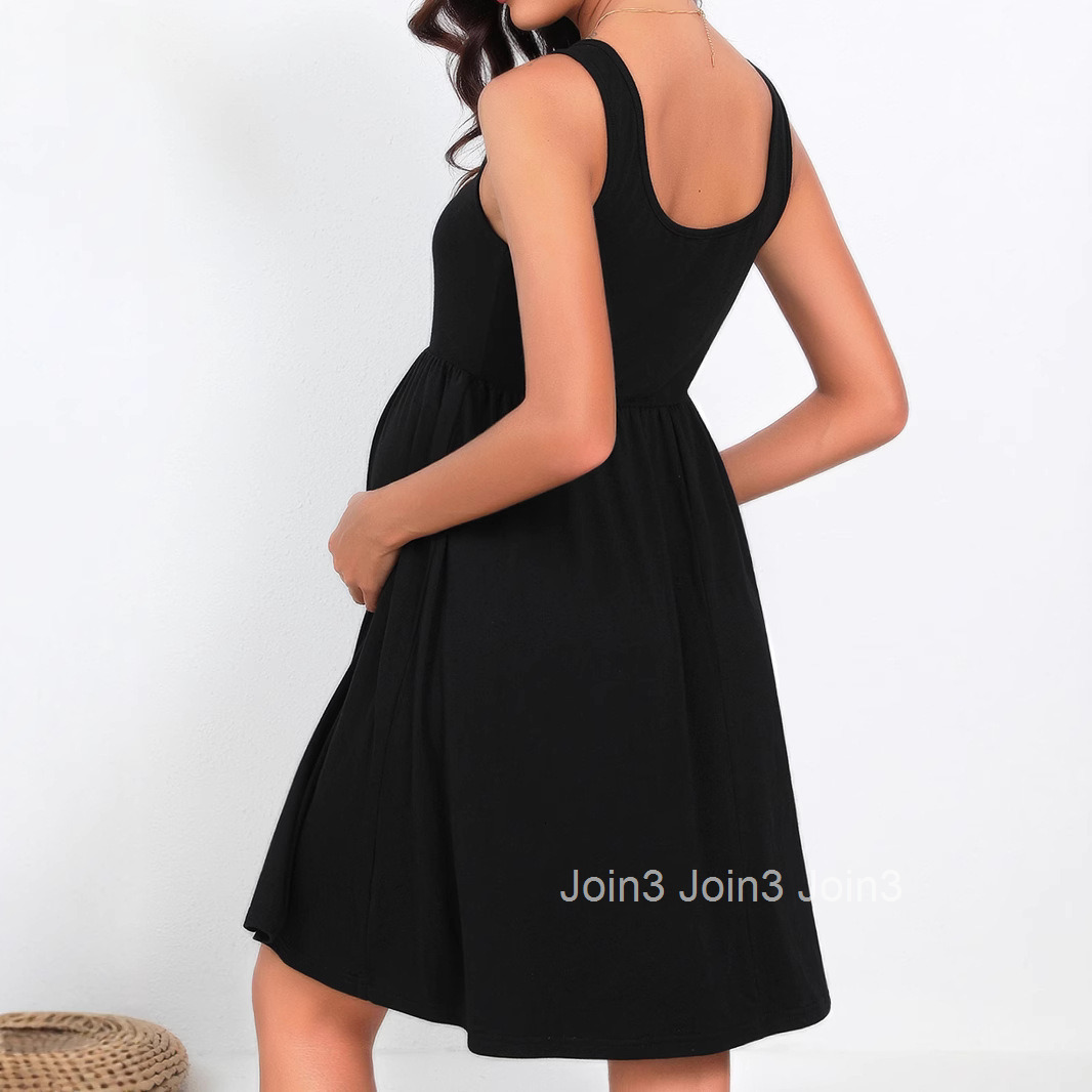 Spring and Summer New Maternity Clothing Solid Color Loose Double Pocket Fashionable Sleeveless Button Top Dress