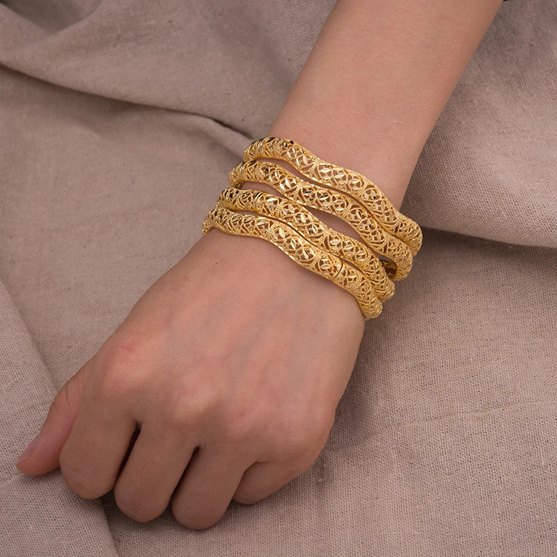 Annayoyo 4Pcs Gold Color Ripple high quality Bangles Bracelets Women Mother Metal Cuff Bangle Jewelry Bride Birthday Gifts 250517