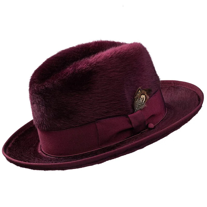 Plush Pork Pie Hat Man Fedora Unisex Gentleman Round Top Cap Cosplay Feather Accessories Derby Bowler Hat Winter Hat 250516