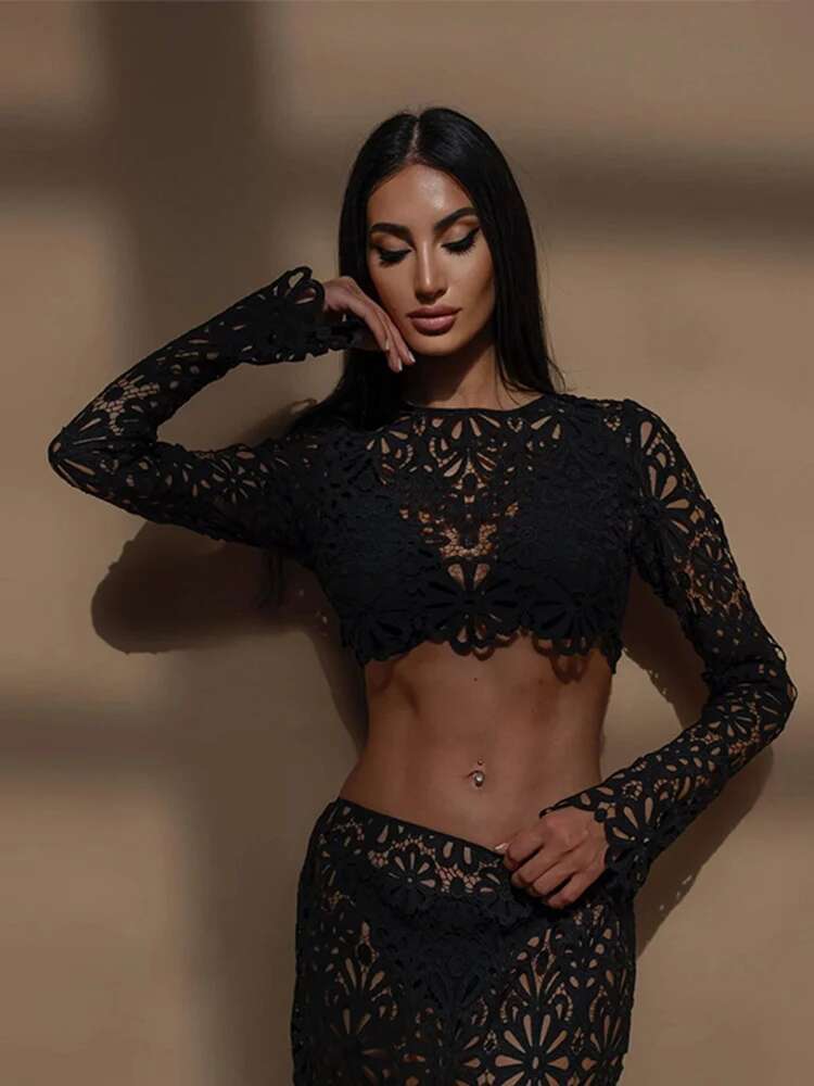 Elegant See Through Crochet Women Hallow Out Flare Long Sleeve Top Slim Empire Hip Package Skirts 2025 Summer Lady Set