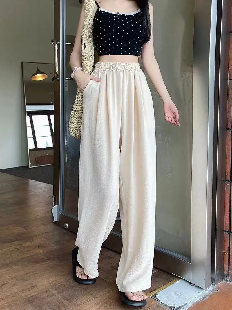 2025 Women Fashion Summer Wide Leg Pants Pleated Ice Silk Trousers Elastic Waist Loose Casual Pants 250517