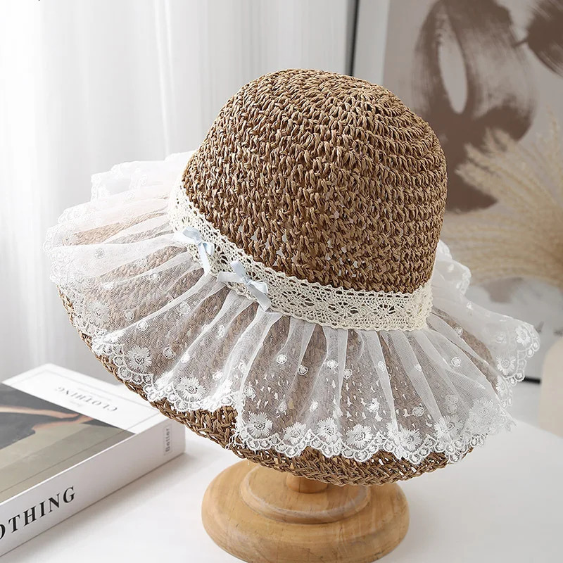 Womens Summer Hat Lace Bow Straw Sun Hat Fisherman Cap Wide Brim Sunscreen Bucket Hat Seaside Holiday Beach Accessories 250516