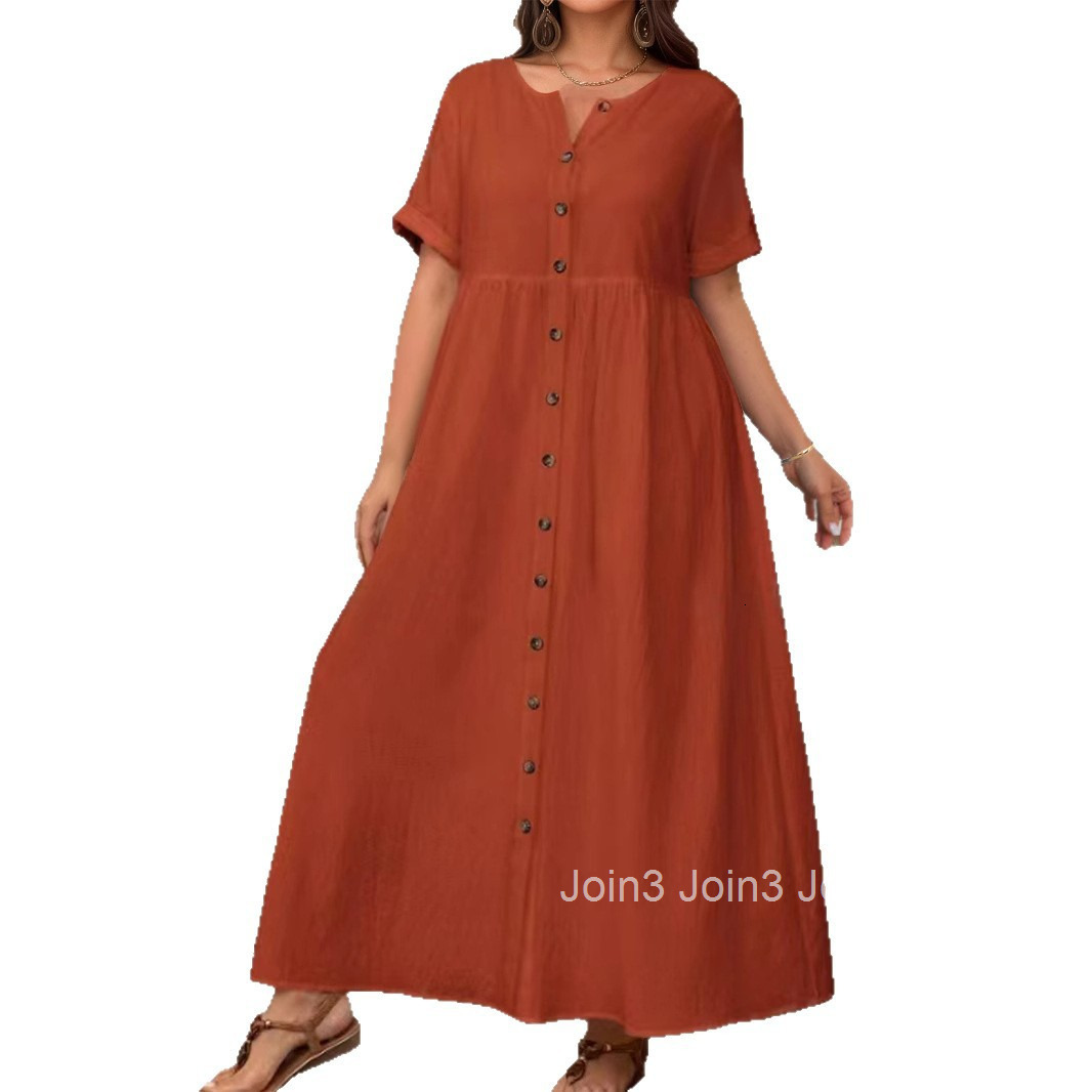 Large Size Elegant Spring and Summer New Item Solid Color Loose High Waisted Cotton and Linen Dress