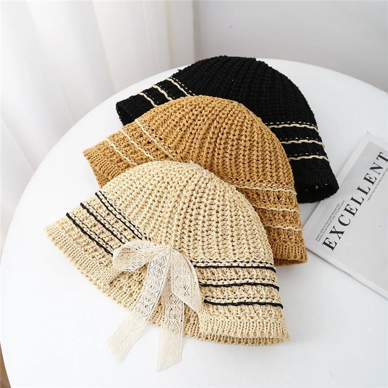 Summer Hats Women Straw Hat Lace knot fisherman cap Bucket Hat Anti-UV Sunscreen Hat Folding Hollow Visor Cap Gift Sun Hat 250516