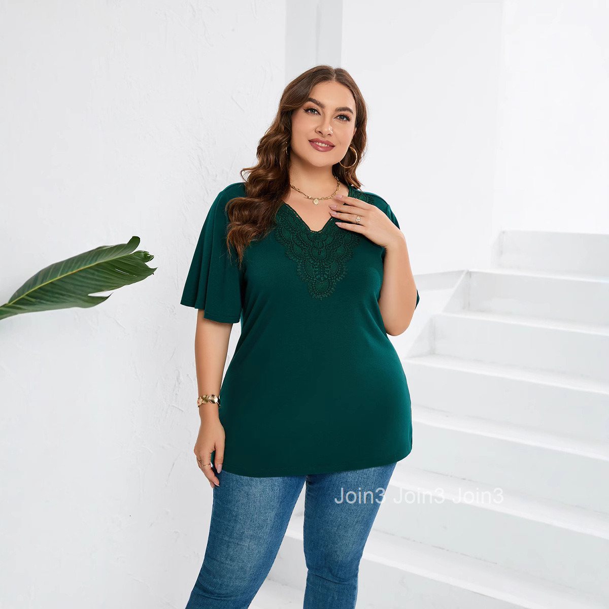 Womens Flare Sleeves Short Sleeve T-shirt Lace Panel Top Large Womens Wear