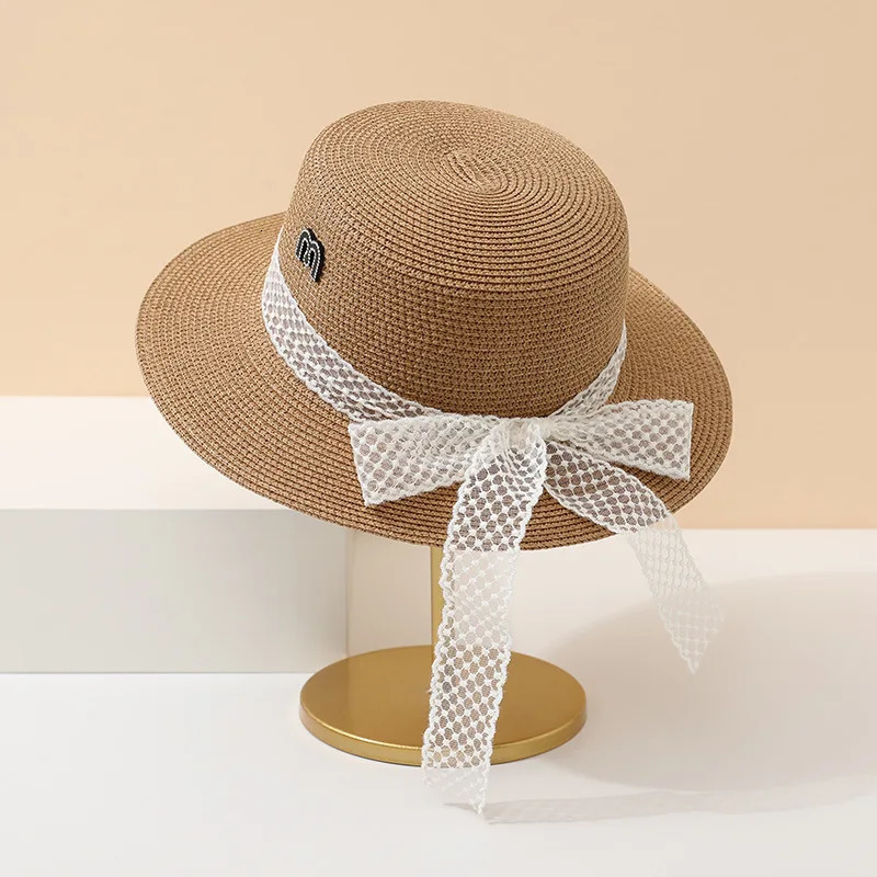Womens Summer Pearl Embellished Black Straw Hat Spring Casual Fashion Plaid Visor with Strap Sun Protection Elegant Hat 250516