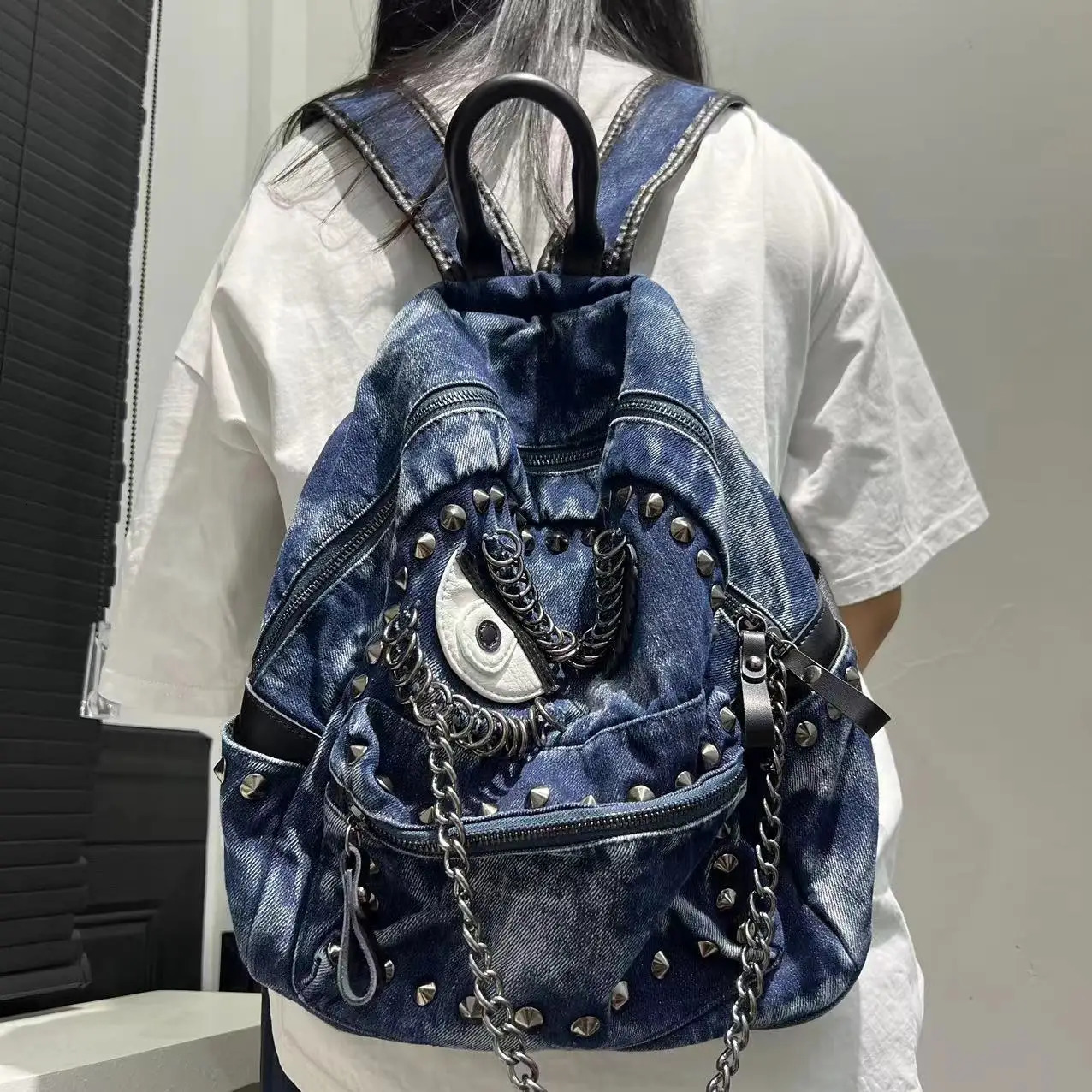 Womens Fashion Steampunk Denim Backpack Large Capacity Rivet Chain Shoulder Handbag 250514