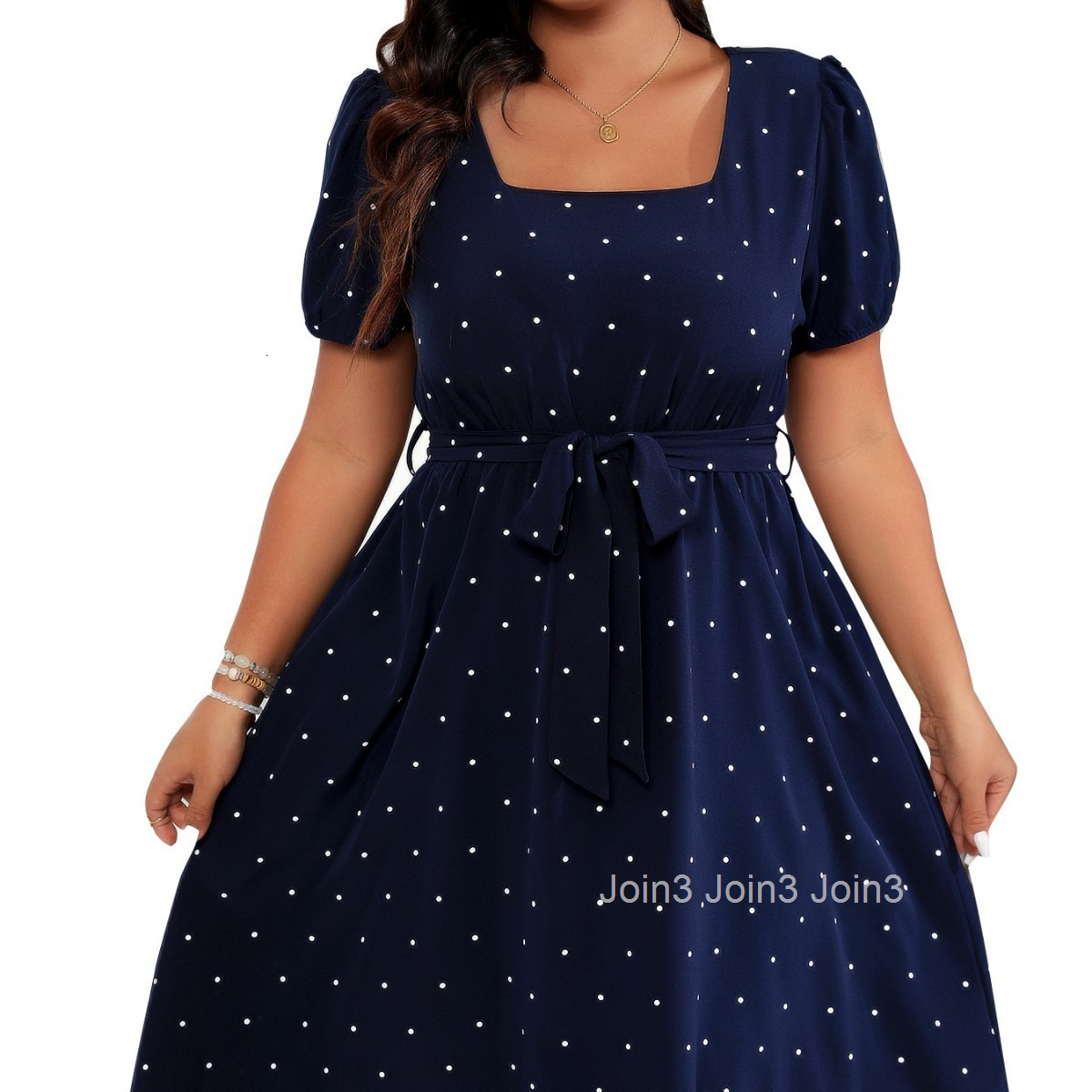 Large Size Womens Elegant Polka Dot Waist Cinched Lace Up Square Neck Big Swing Dress