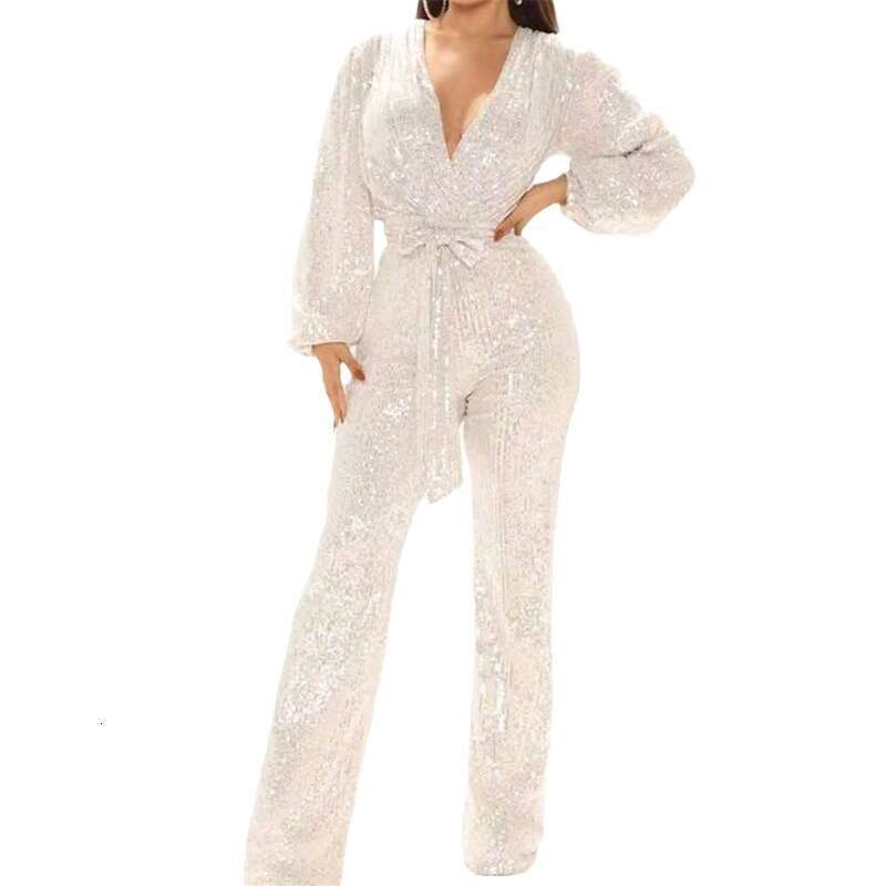 Wide Leg Jumpsuit Women S Autumn And Winter Fashion Temperament Sequin Jumpsuit Sexy V Neck Wide Leg Pants