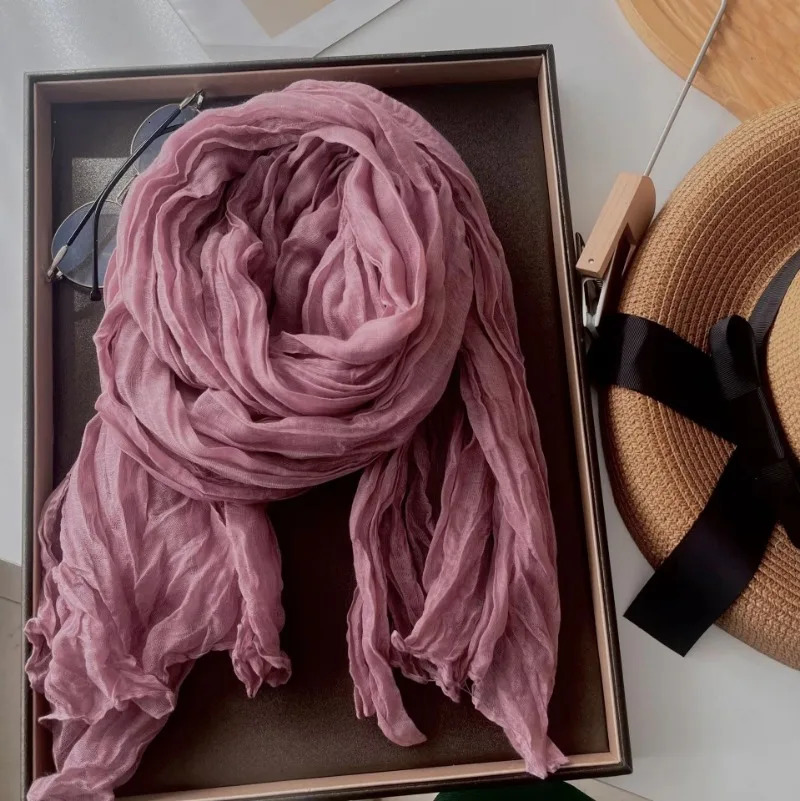 Solid Color Cotton Linen Hand Feel Scarf Retro Autumn Winter Pleated Green Thin Strip Shawl Mens Womens Thermal Silk 250517
