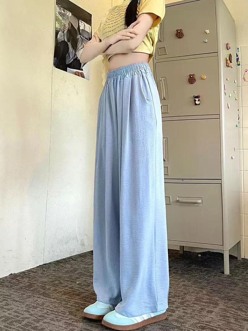 2025 Women Fashion Summer Wide Leg Pants Pleated Ice Silk Trousers Elastic Waist Loose Casual Pants 250517