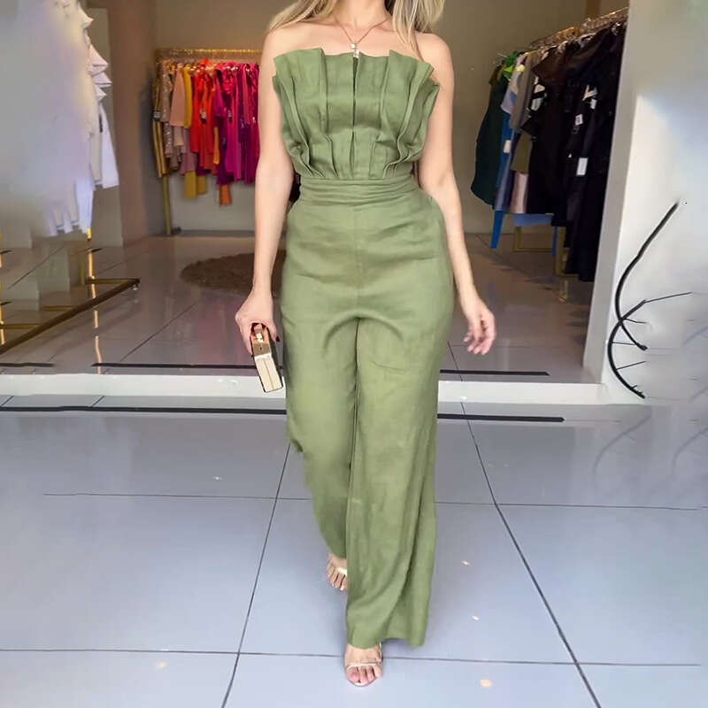 Wide Leg Jumpsuit Women S New Fashionable Pleated Slim Fit And Slimming Temperament Solid Color Jumpsuit