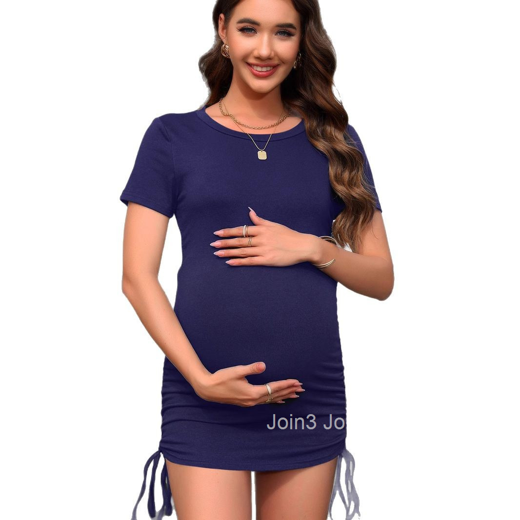 Pregnant Womens Solid Color Dress Soft and Elastic Spring and Summer Short Sleeved V-neck Side Drawstring Slim Fit Jumpsuit