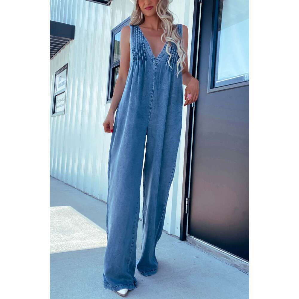 Wide Leg Jumpsuit Fashion Women S V Neck Sexy Backless Washed Sleeveless Denim Jumpsuit