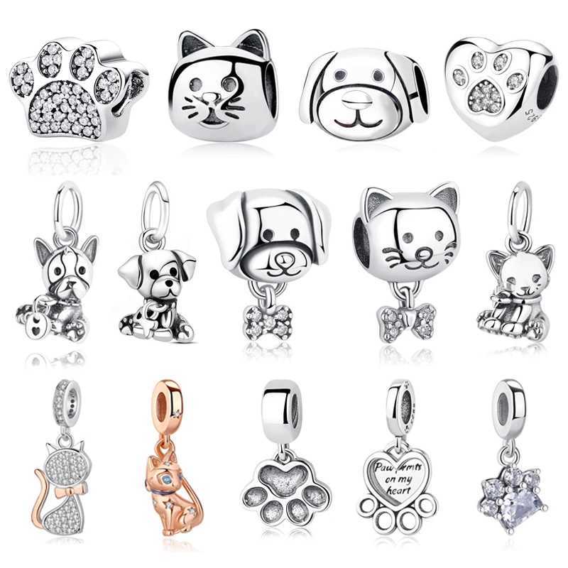 Original 925 Sterling Silver Charms Pets Dog Cat P Print Pendant Beads Fit Brand Bracelets Necklaces Women DIY JewelryXJ250517