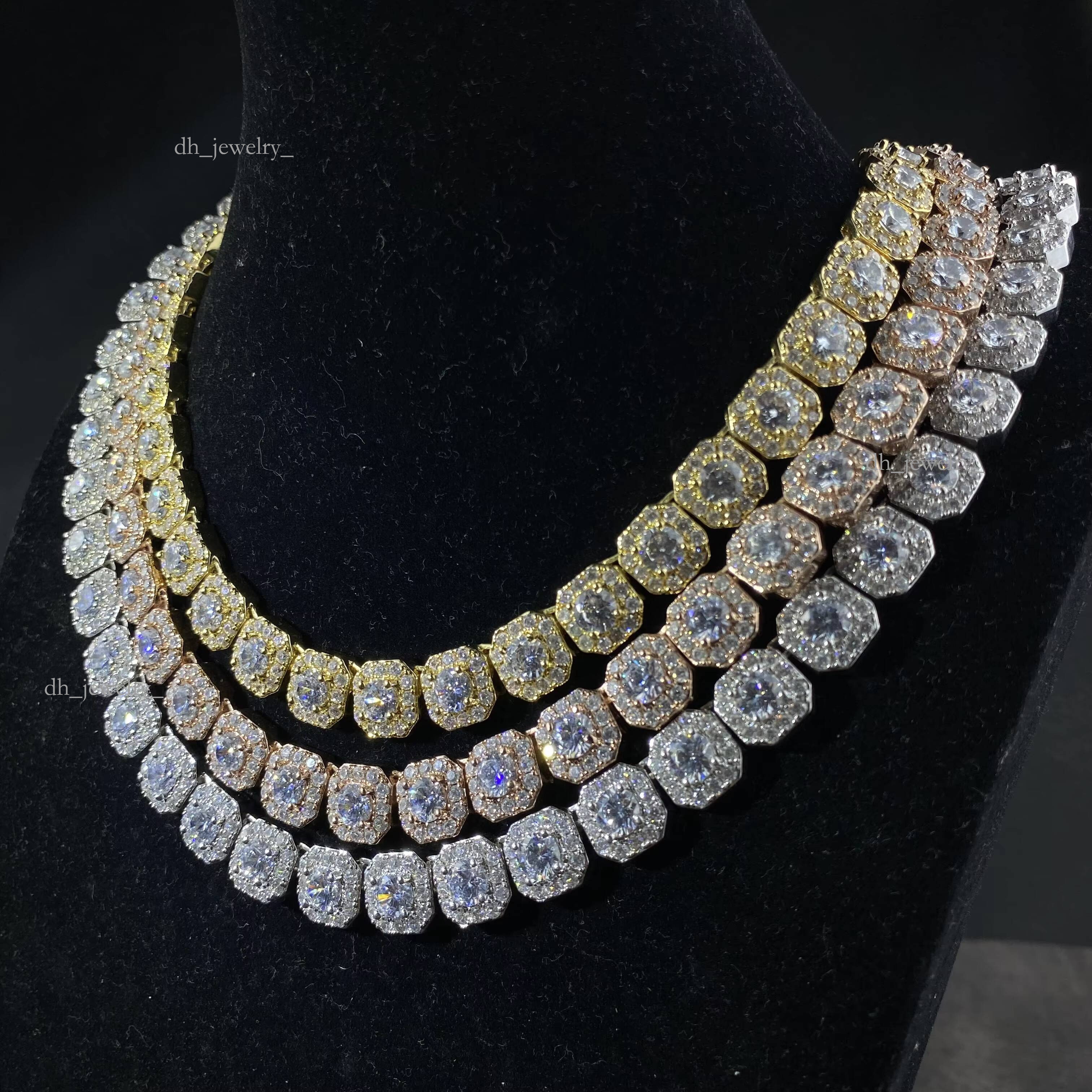 Custom Hip Hop Sier Gold Plated AAA+ Cubic Zircon Iced Out Cluster Tennis Link Chain Necklaces for Women Men