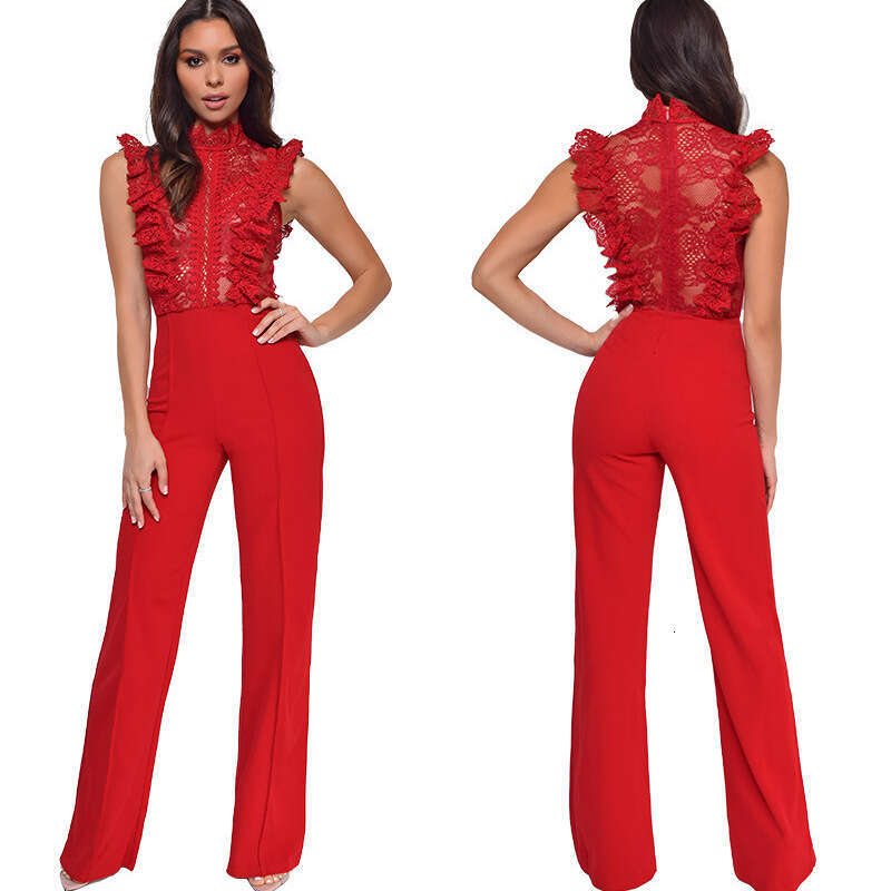 Wide Leg Jumpsuit Women S High Neck Fashionable Straight Leg Women S With Lace And Crochet Hooks Sleeveless Jumpsuit