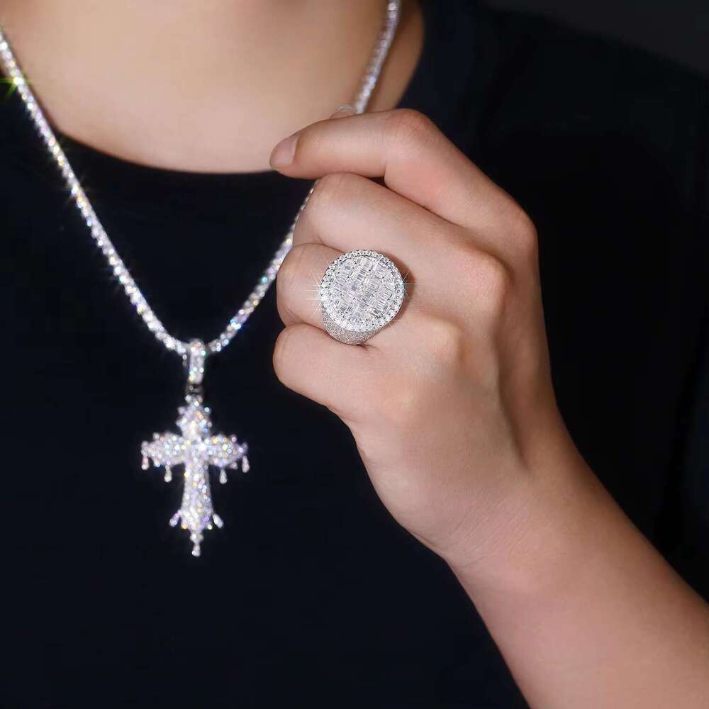 Full ice out long stick bread with sandstone ring S pure silver gold-plated men's hip-hop rapper jewelry
