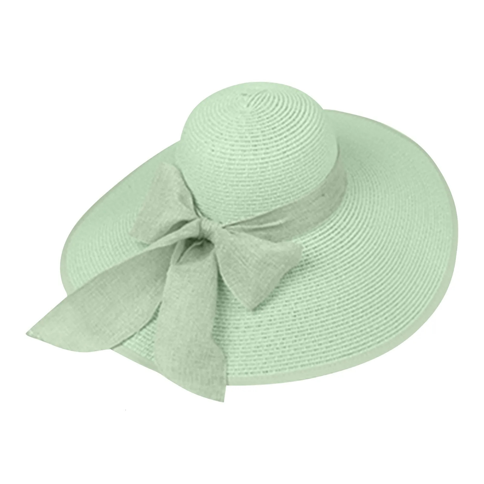 Summer Women Straw Hat Bowknot Wide Brim Floppy Foldable Panama Hats Adult Outdoor Sun Protection Flat Top Ribbon Beach Cap 250517