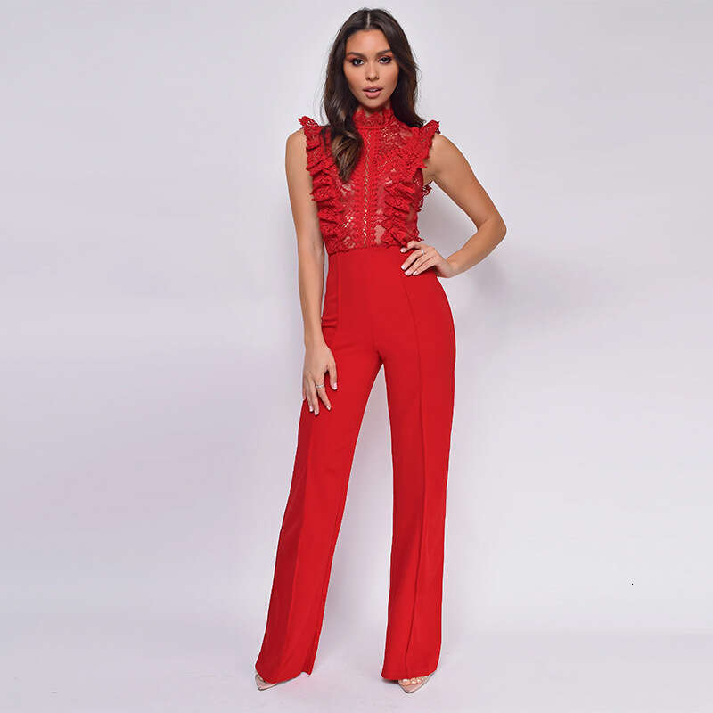 Wide Leg Jumpsuit Women S High Neck Fashionable Straight Leg Women S With Lace And Crochet Hooks Sleeveless Jumpsuit