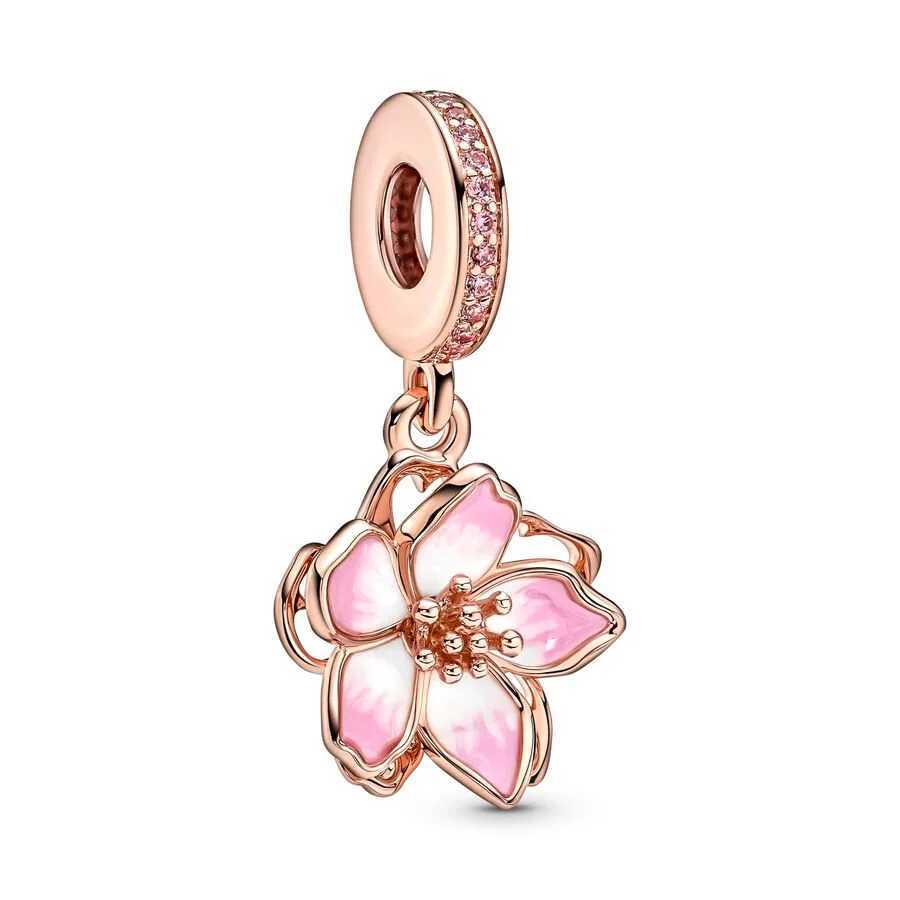 Rose Gold Plated Fit Original Europeans Silver 925 Bracelet Bead Sparkling Family TreeRose Flower Dangle Charm Bead DIY JewelryXJ250517