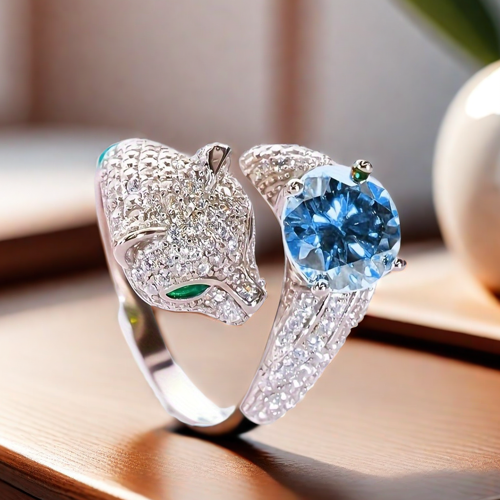 2CT color moissanite S925 sterling silver leopard jaguar animal ring, unique and high-end, light luxury, fashionable and cute band animal ring