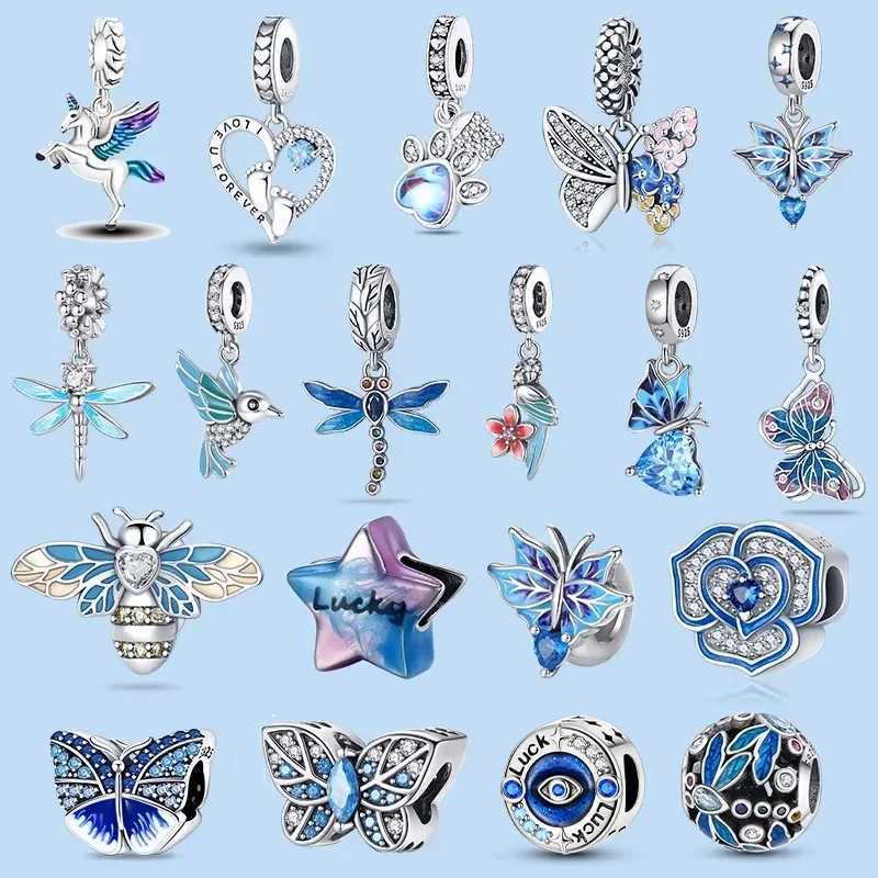 925 Sterling Silver Blue Murano Bead Pansy Flower Dangle Charm Fit Original Brand Bracelet And Necklace Jewelry GiftXJ250517