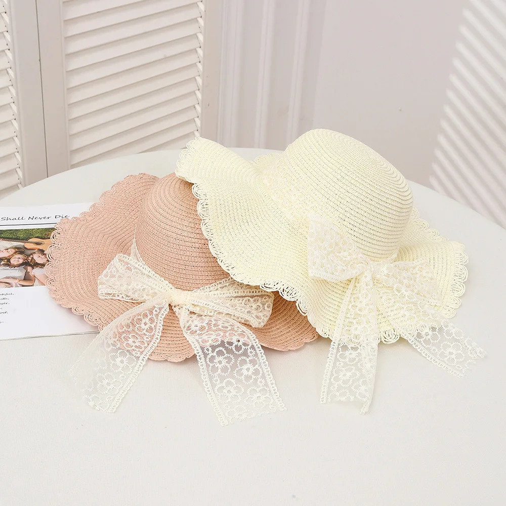2025 Womens Wide Brim Straw Hat Lace Butterfly Knot Sunscreen Beach Holiday Style Summer Vacation Cap for Ladies 250516