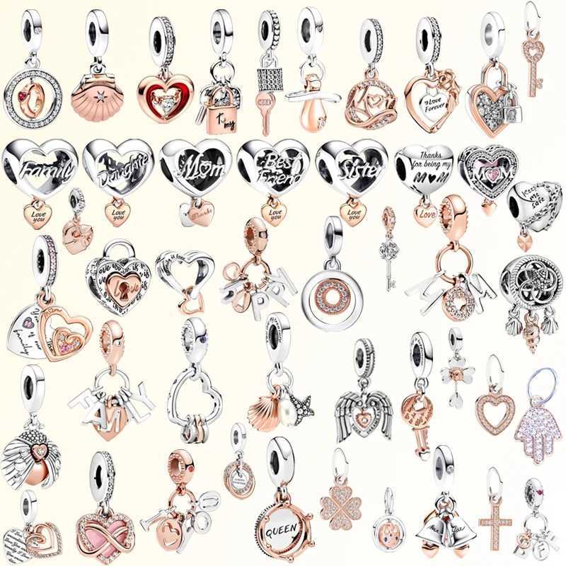 Hot Sale Heart Rose Gold Pink Charms Fit Original European 925 Sterling Silver Bracelet Beads Woman Jewelry Pendants Gift MakingXJ250517